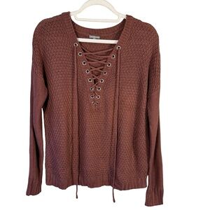 Charlotte Russe Burgundy Dusty Rose Lace Up Knit Sweater Size M Cozy Boho Fall